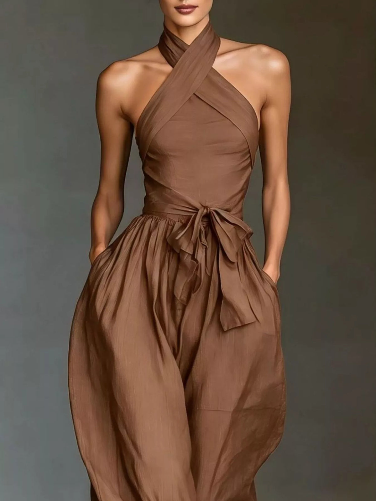 Women's Halter Neck Wide-Leg Jumpsuit with Waist-Tie Detail