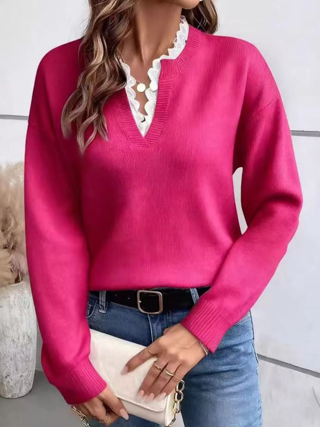 Women's Lace Trim Dropped Shoulder Sweater - Rose Red