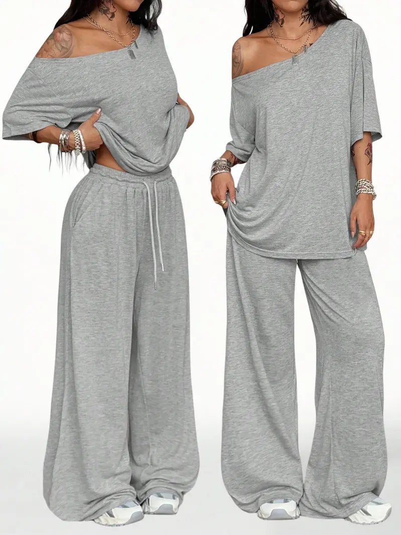 New Arrivals Autumn Winter Women's Casual Sportswear, One-shoulder, Loose-fitting Two-piece Set