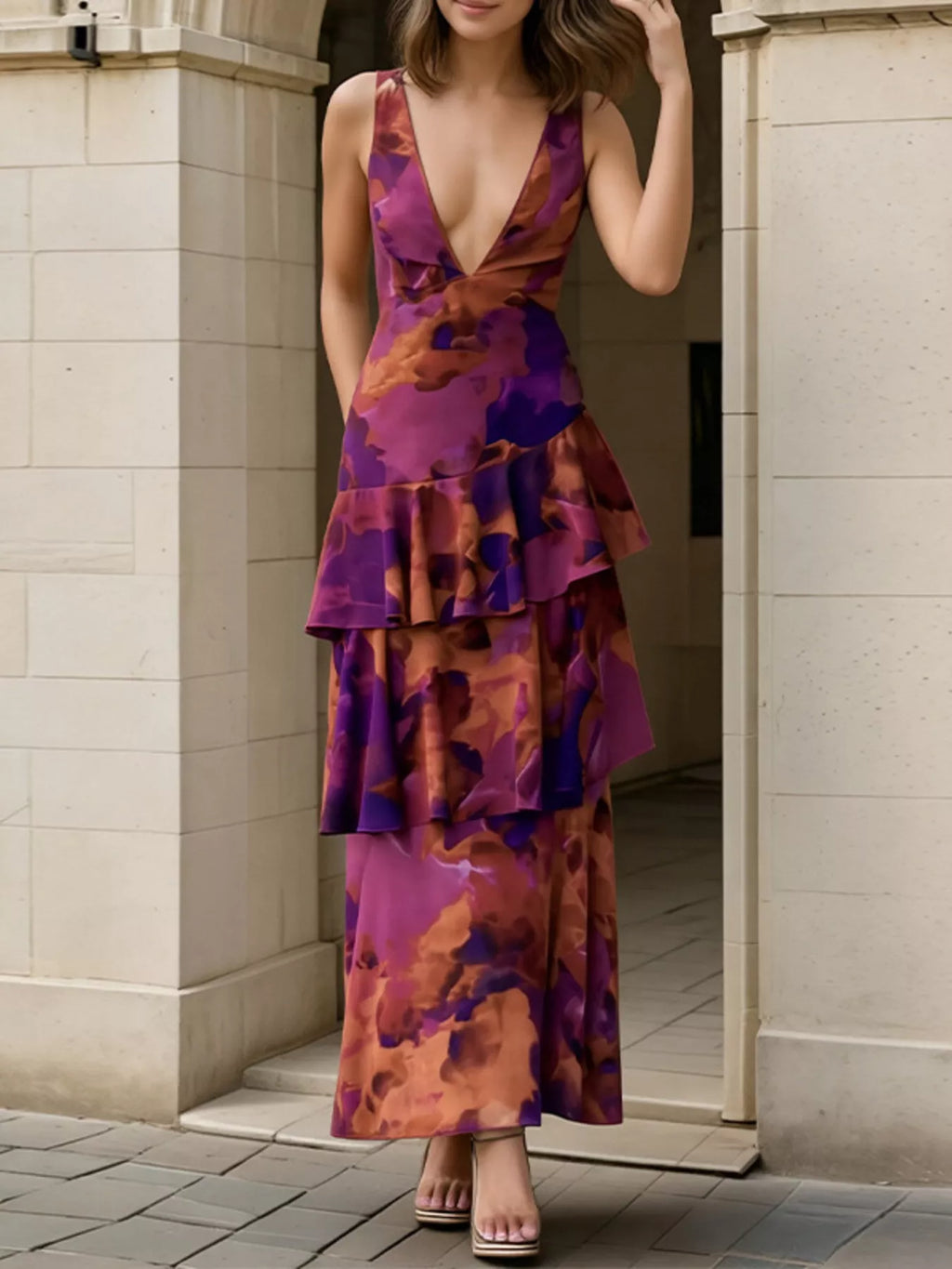 Women's Deep Purple Floral V-Neck Ruffle Layered Maxi Dress - Deep Purple