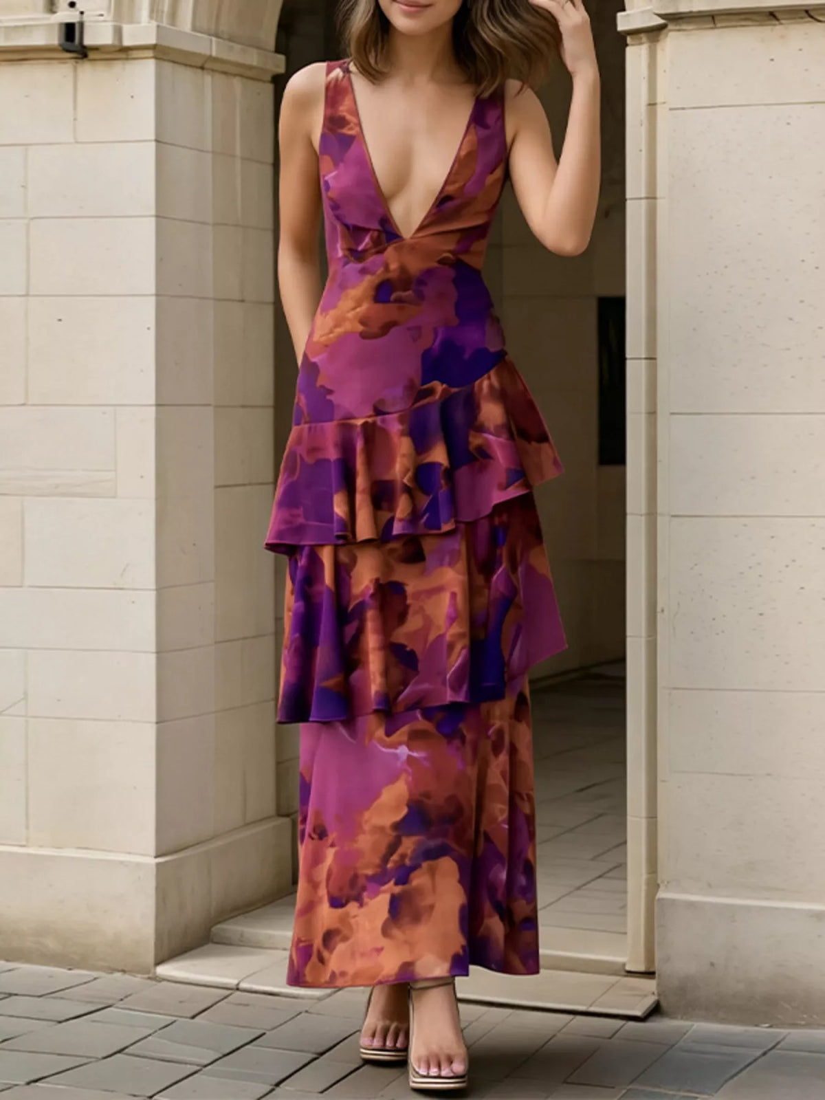 Women's Deep Purple Floral V-Neck Ruffle Layered Maxi Dress - Deep Purple