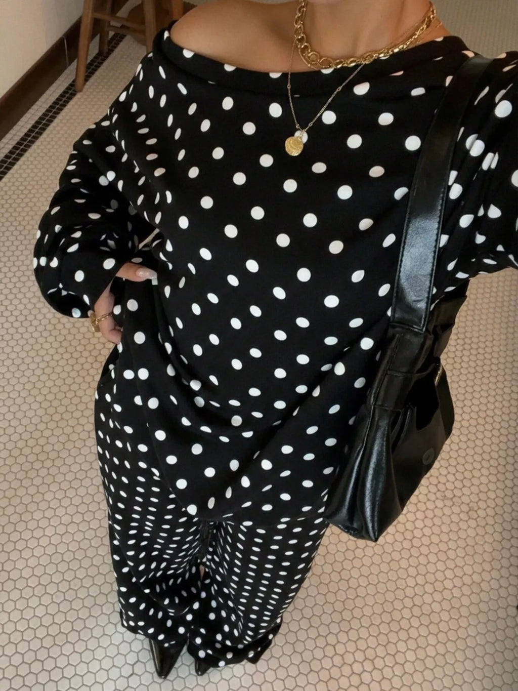 Women's Polka Dot Boat Neck Top and Pants Set