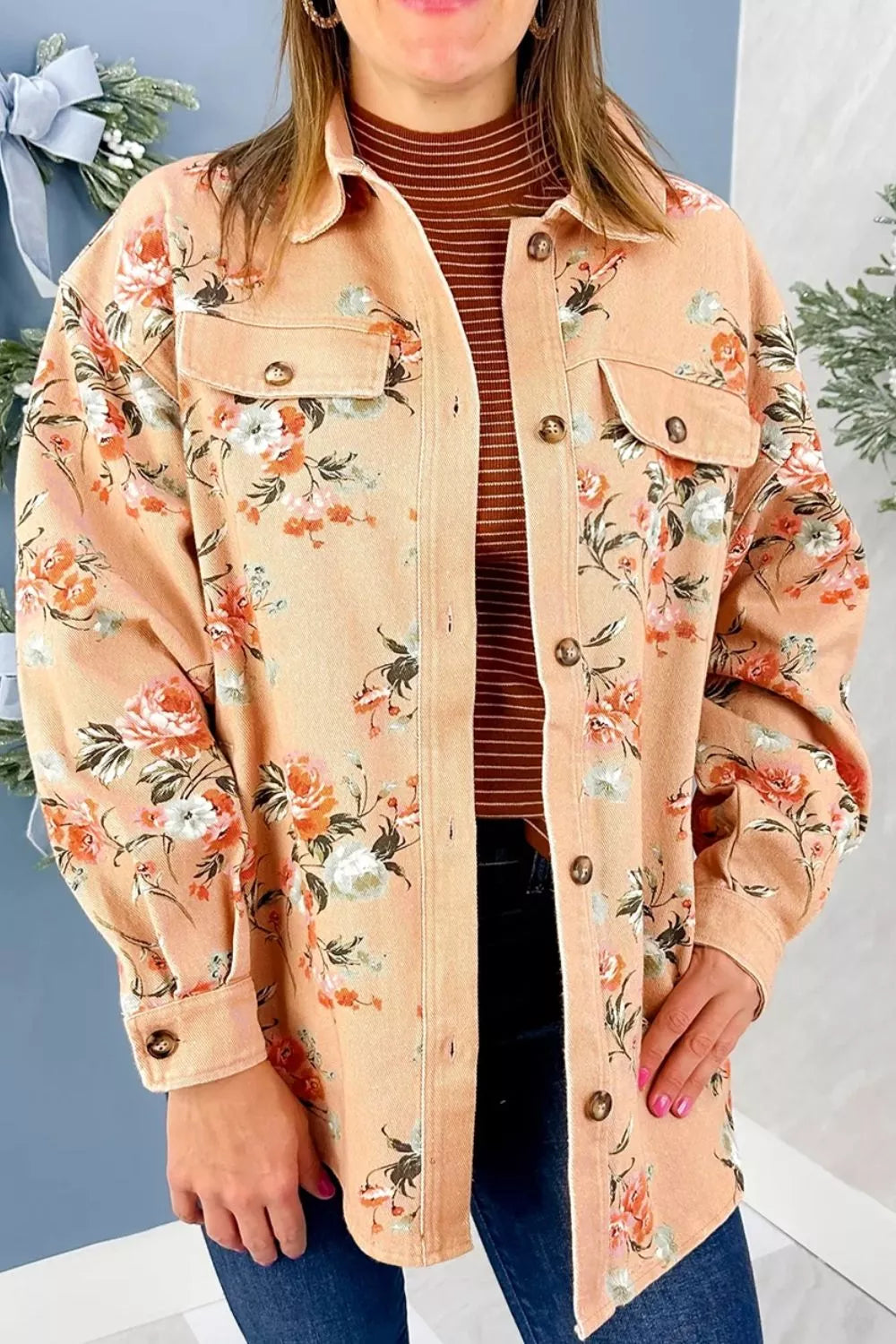 Women's Tan Floral Print Long Sleeve Denim Jacket - Tan