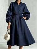 Best-selling Solid-color Round-neck Long-sleeved Floral Dress