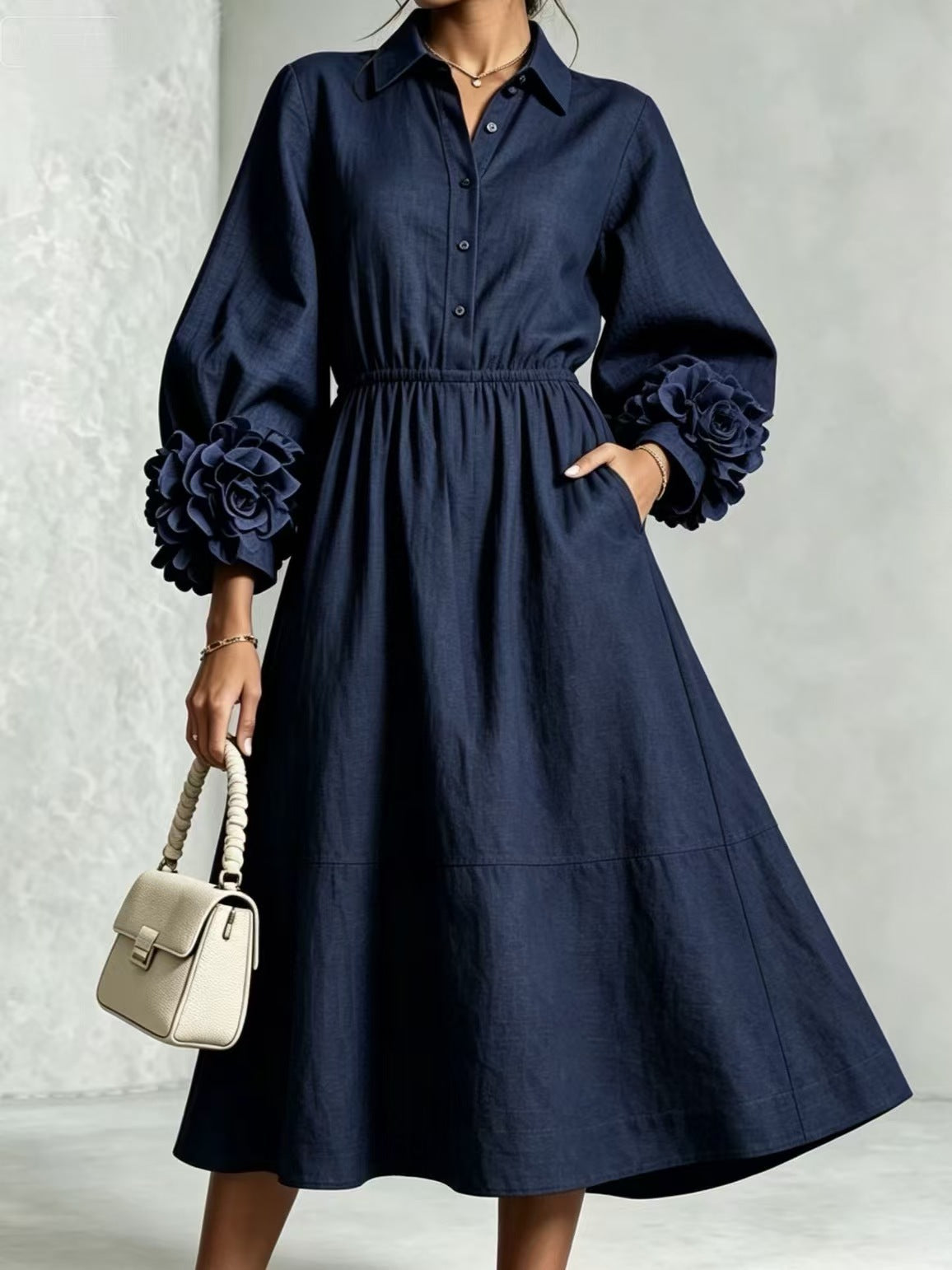 Best-selling Solid-color Round-neck Long-sleeved Floral Dress