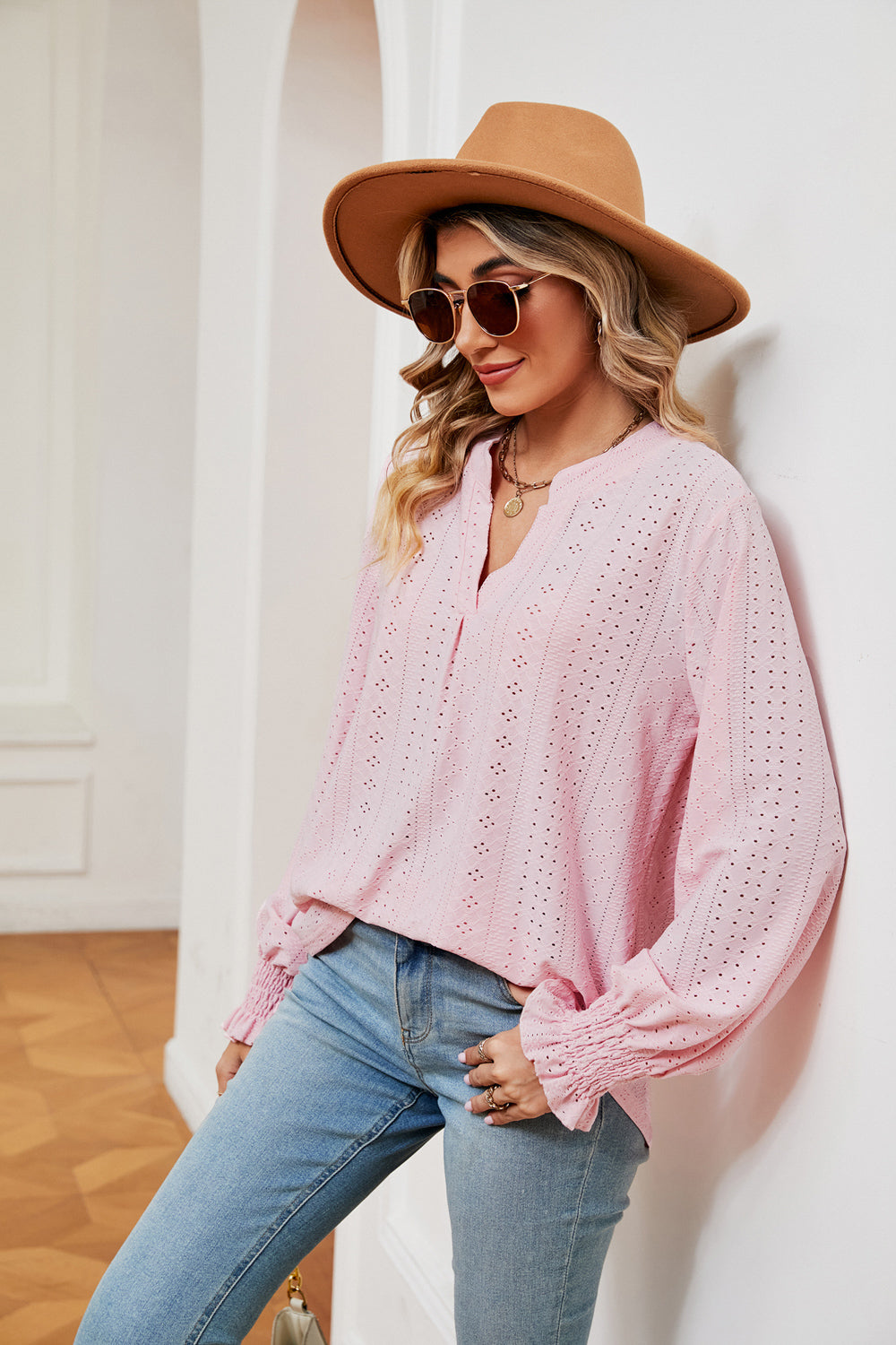 Women's Notched Neck Flounce Sleeve Blouse