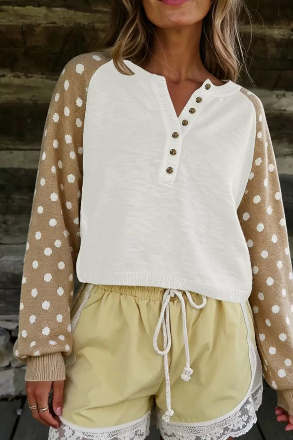 Women's White Polka Dot Contrast Long Sleeve Button V Neck Sweater - White