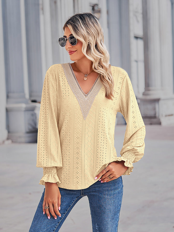Women's V-Neck Eyelet Flounce Sleeve Blouse