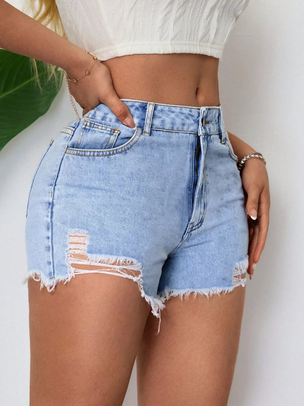 Women's Blue Distressed Raw Hem Denim Shorts - Blue