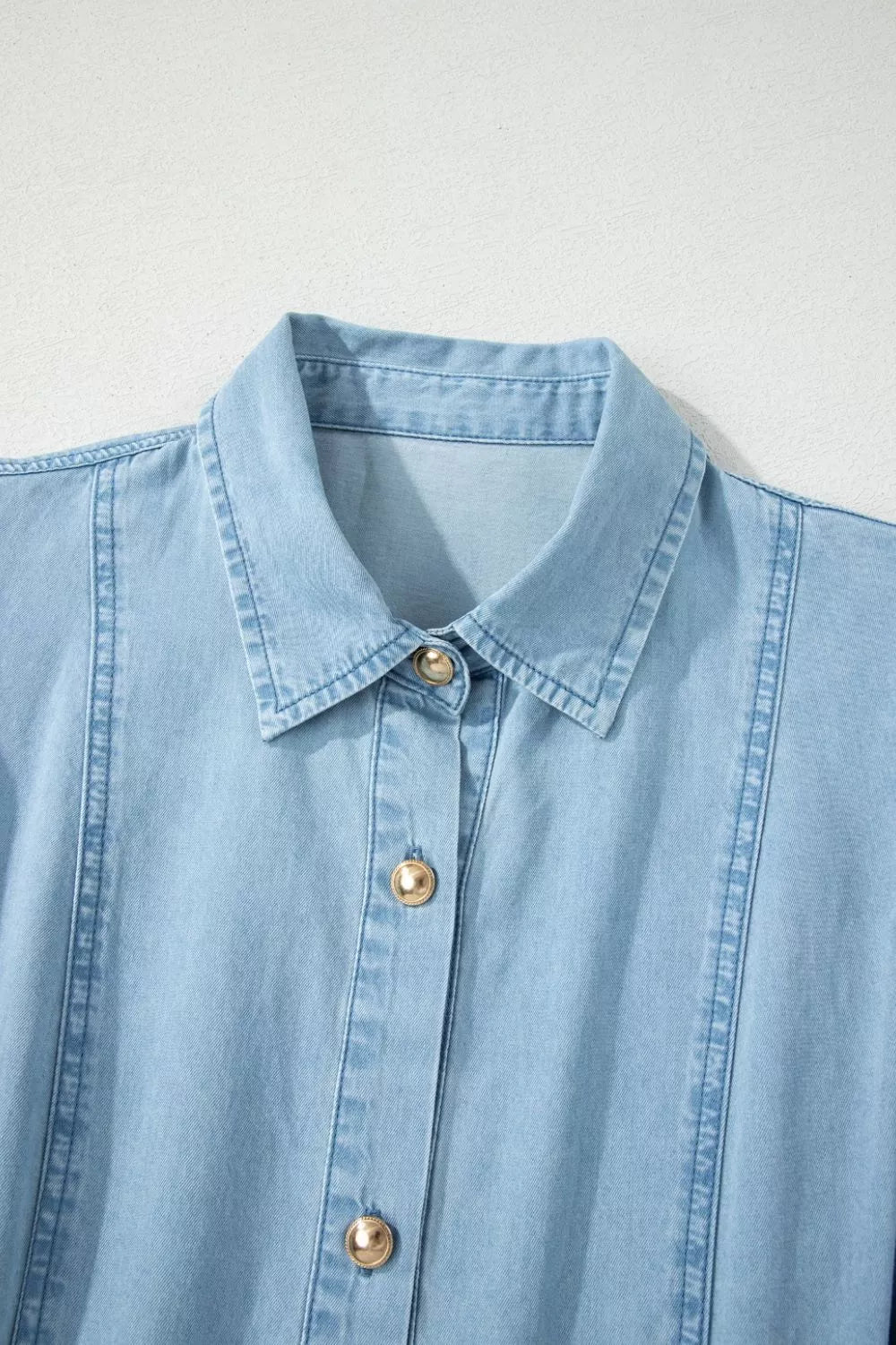 Women's Light Blue Full Buttons Collared Short Bubble Sleeve Long Denim Dress - Light Blue