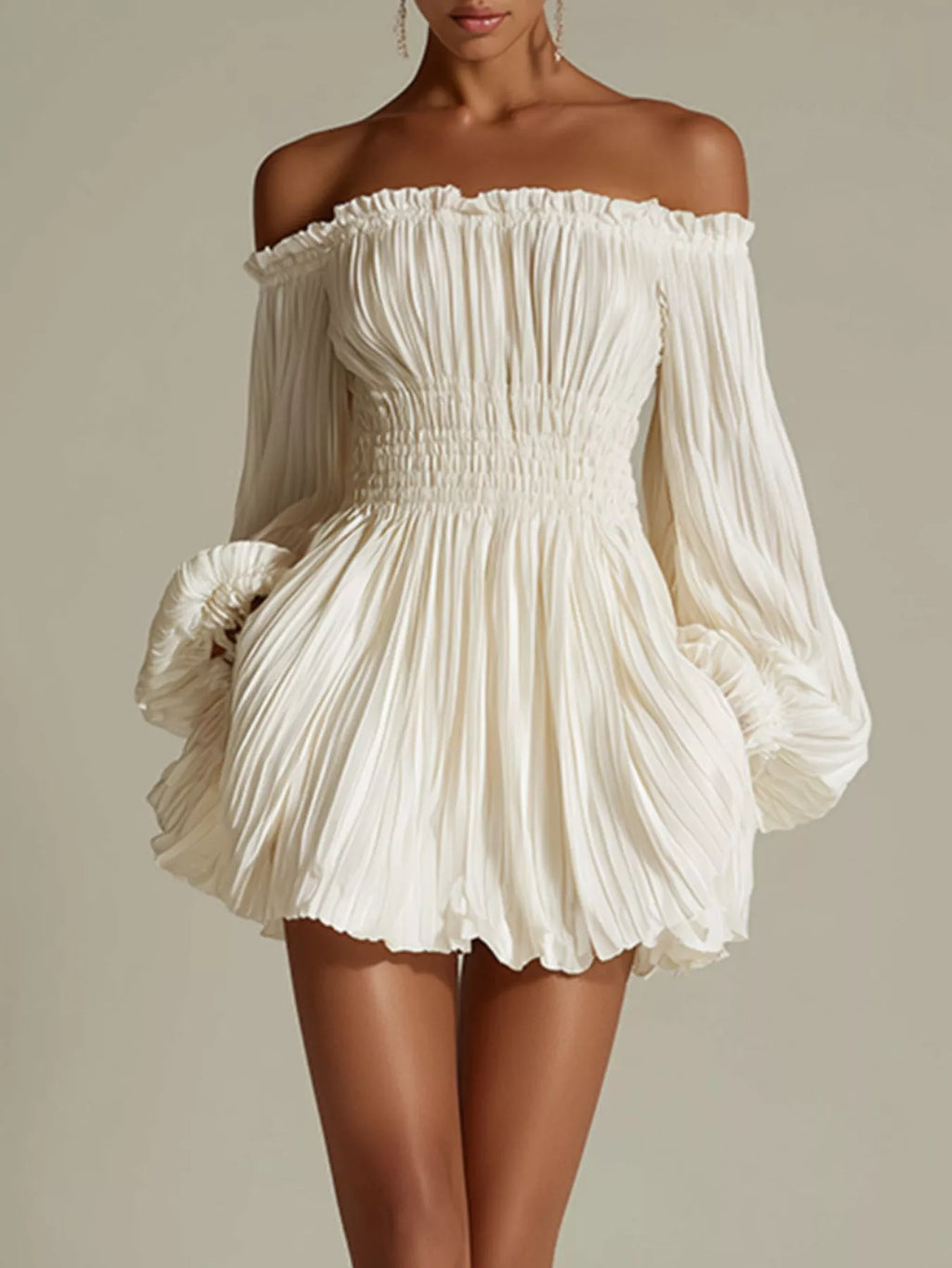 Women's Off-Shoulder Pleated Mini Dress - Cream