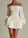 Women's Off-Shoulder Pleated Mini Dress - Cream