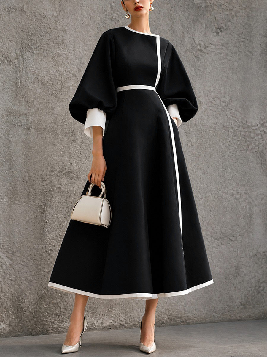 Women's Three-quarter Lantern-sleeve Color-block Dress