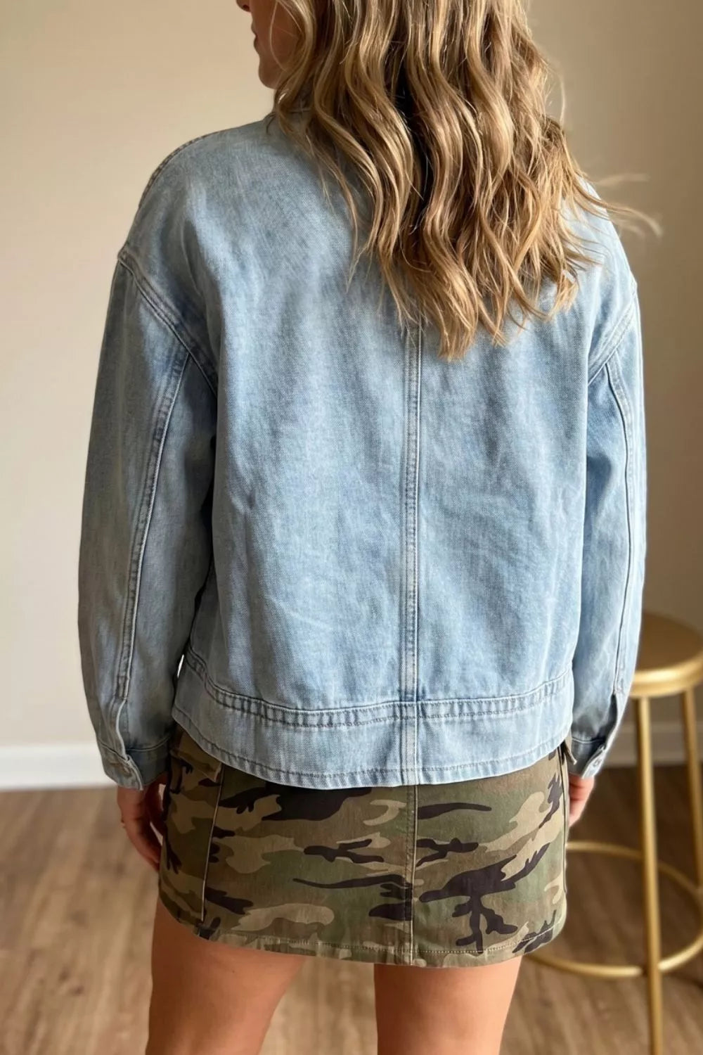 Women's Light Blue Draw-cord Hem Light Wash Denim Jacket - Light Blue