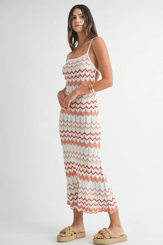 Women's Salmon Lightweight Pointelle Chevron Knit Maxi Dress - Salmon
