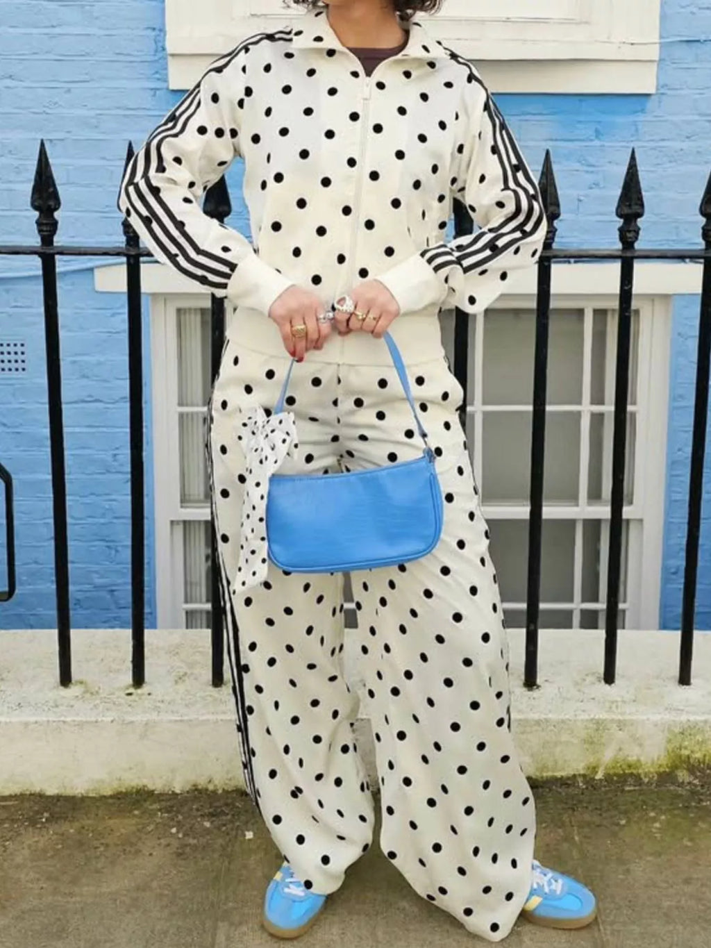 Women's Polka Dot Side Striped Outerwear and Pants Set