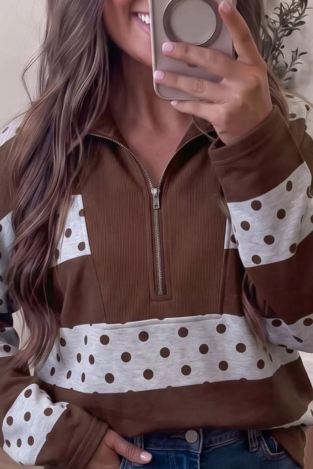 Women's Brown Half Zip Polka Dot Sweatshirt - Brown