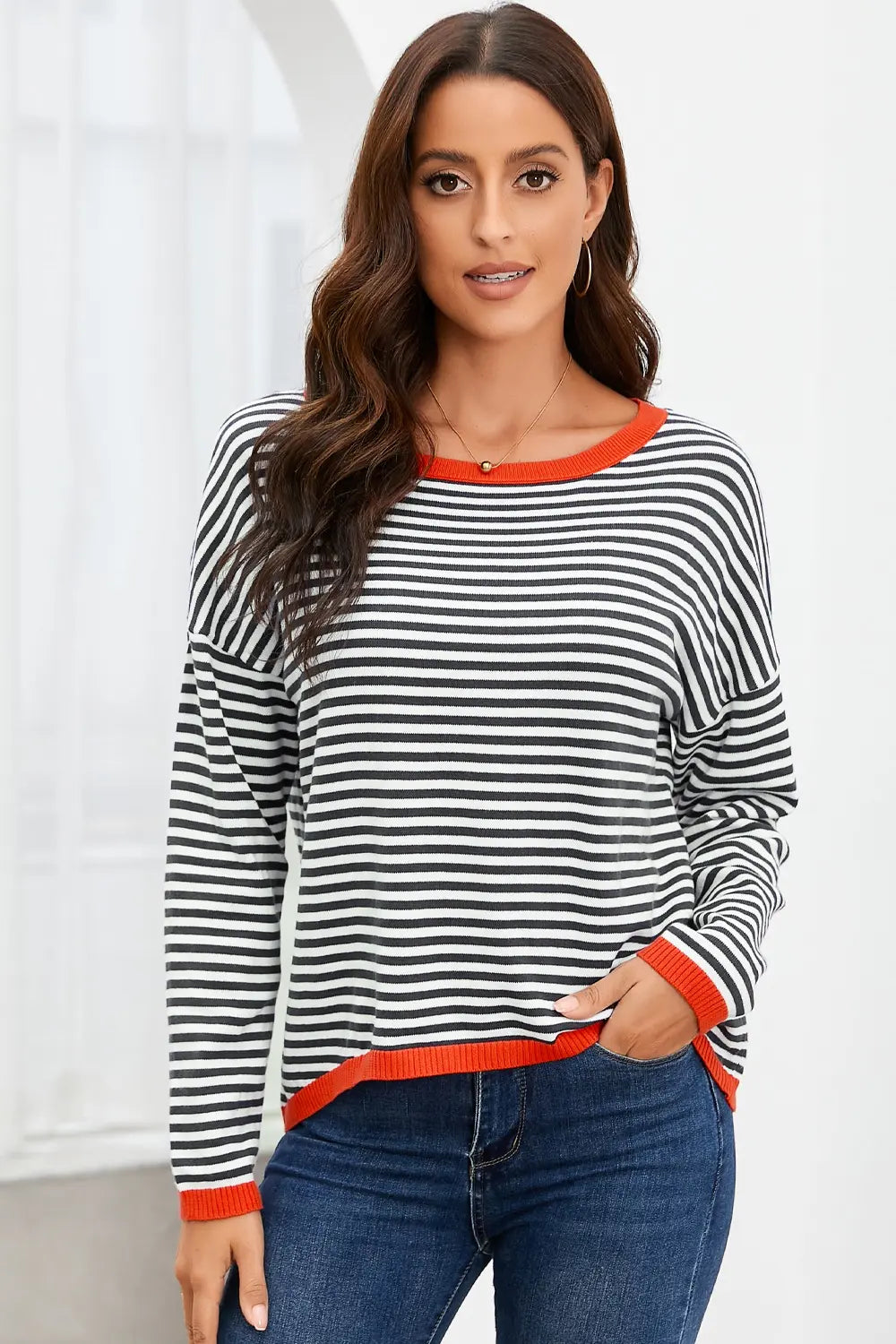 Women's Striped Round Neck Drop Shoulder T-Shirt