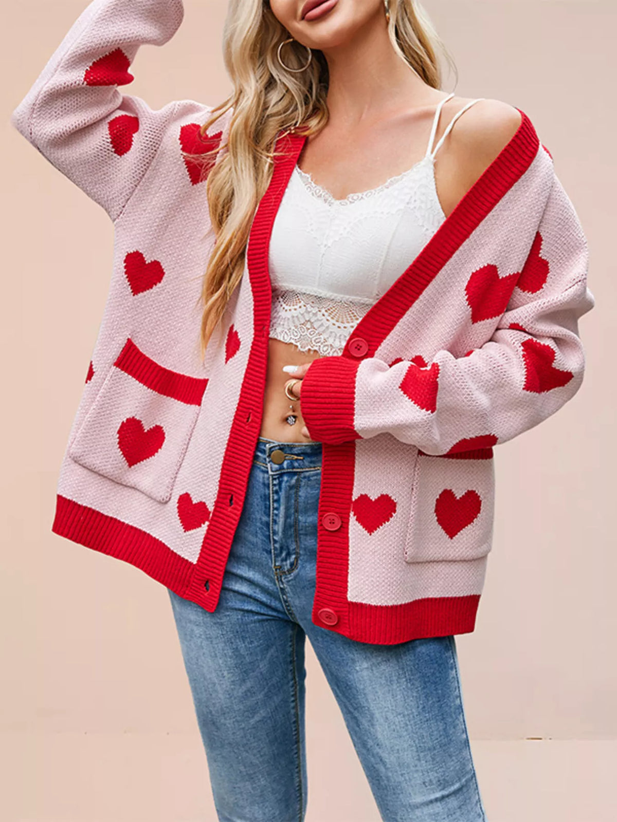 Women's Heart Pattern V-Neck Button-Down Knit Cardigan