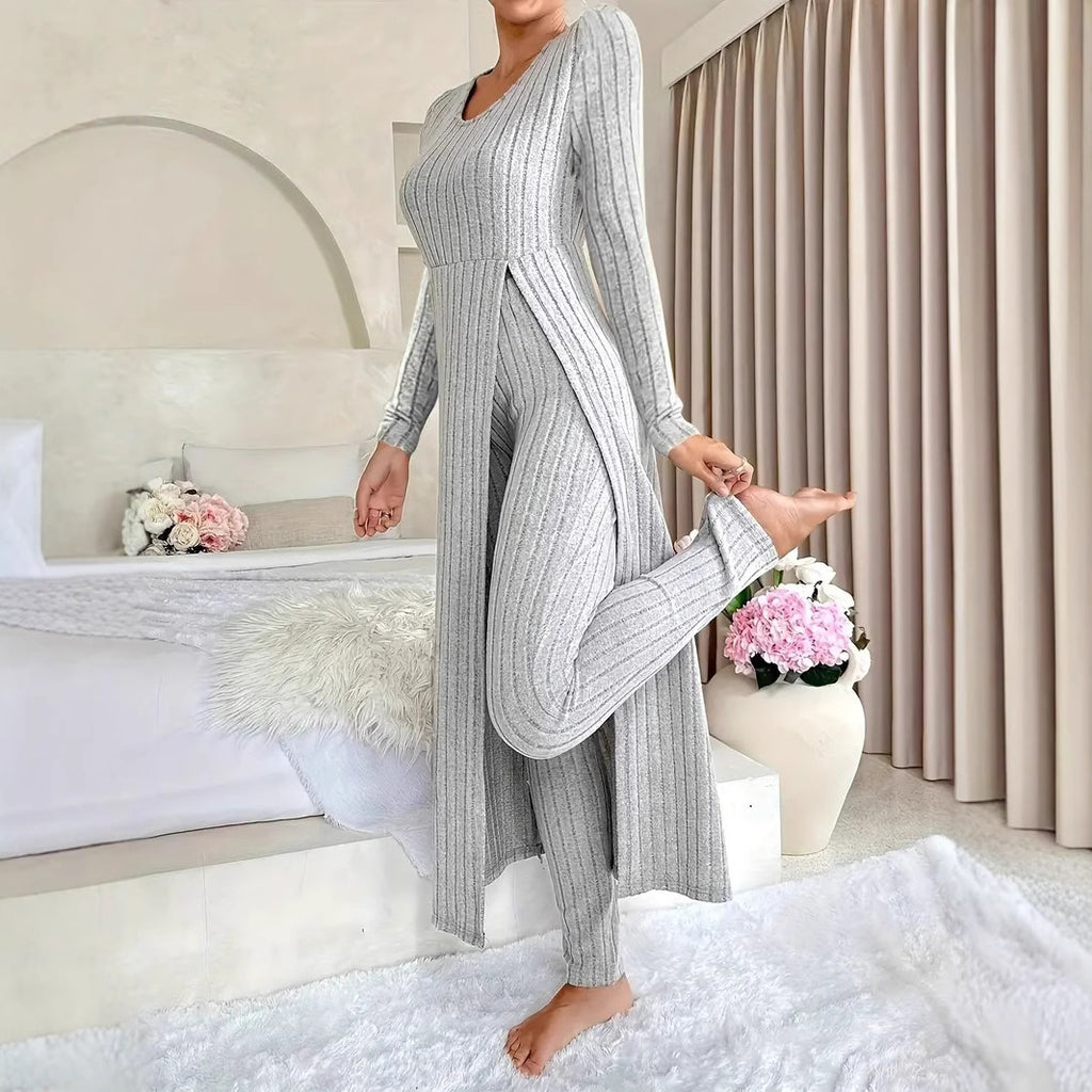 New Design Round Neck Slit Long Sleeve Two-Piece Set