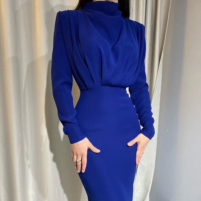 2024 Autumn New Fashion Temperament Waist Western Style Solid Color Long Sleeve Dress Wholesale