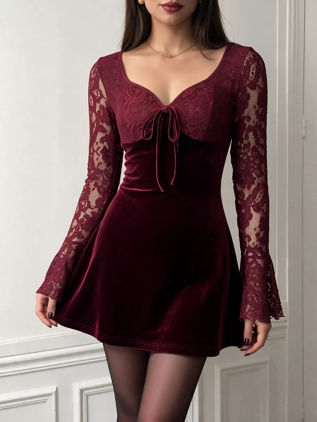 Women's Burgundy Lace Flare Sleeve Mini Dress - Burgundy