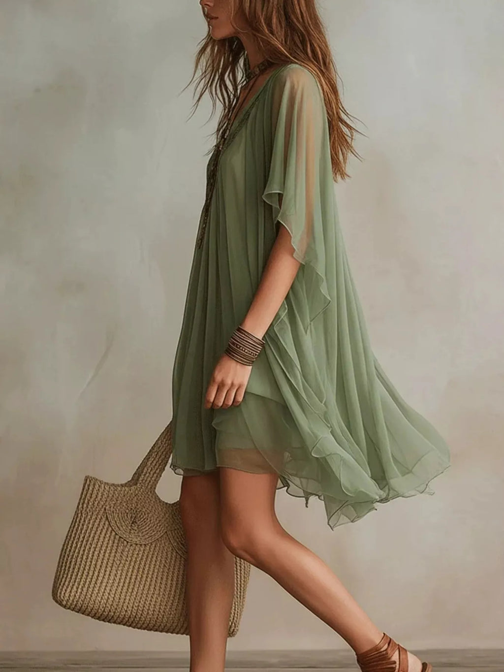 Women's Sage Chiffon V-Neck Flowy Mini Dress - Sage