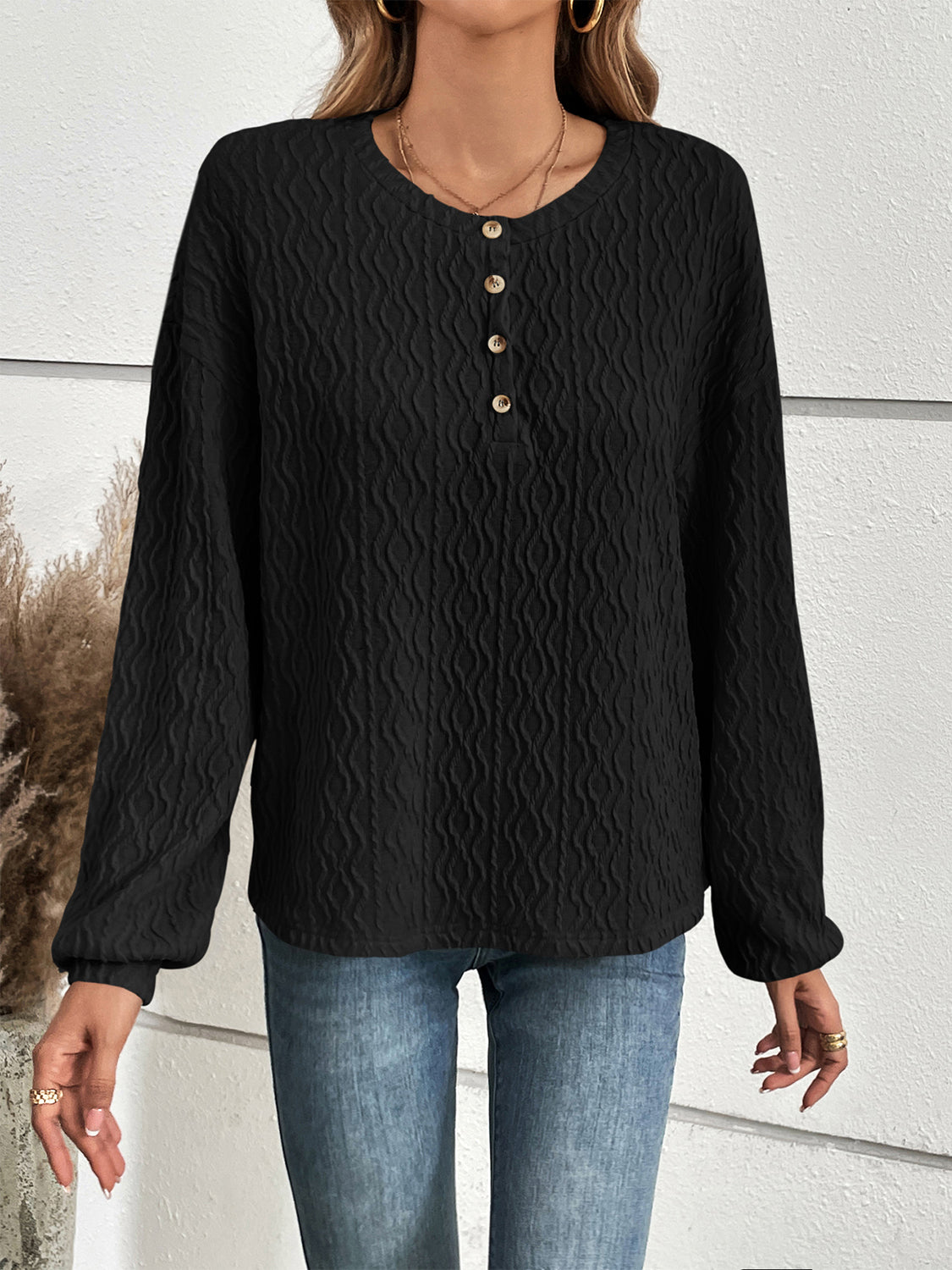 Women's Half Button Long Sleeve Top - Black