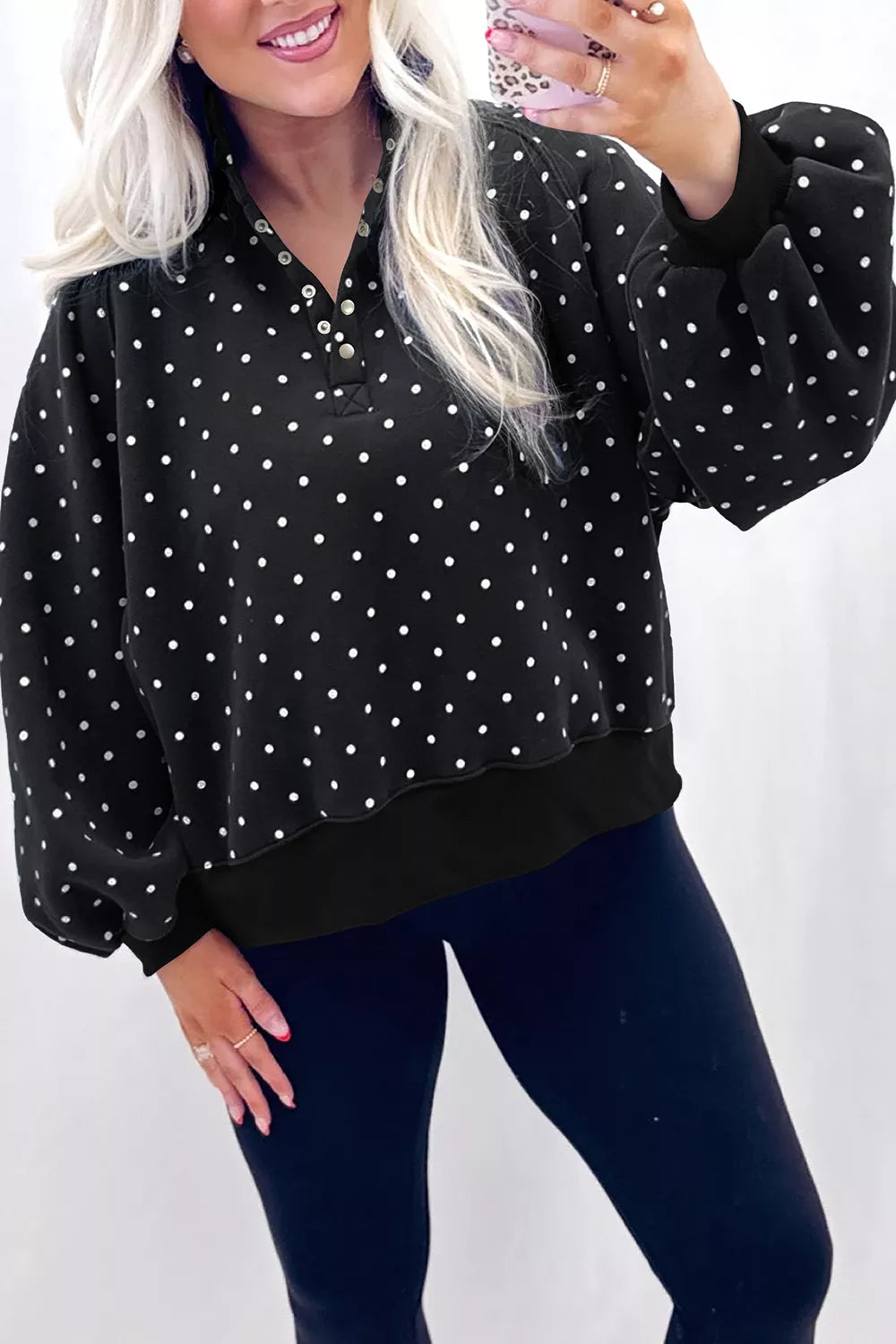 Women's Black Polka Dot Snap-Button Sweatshirt - Black