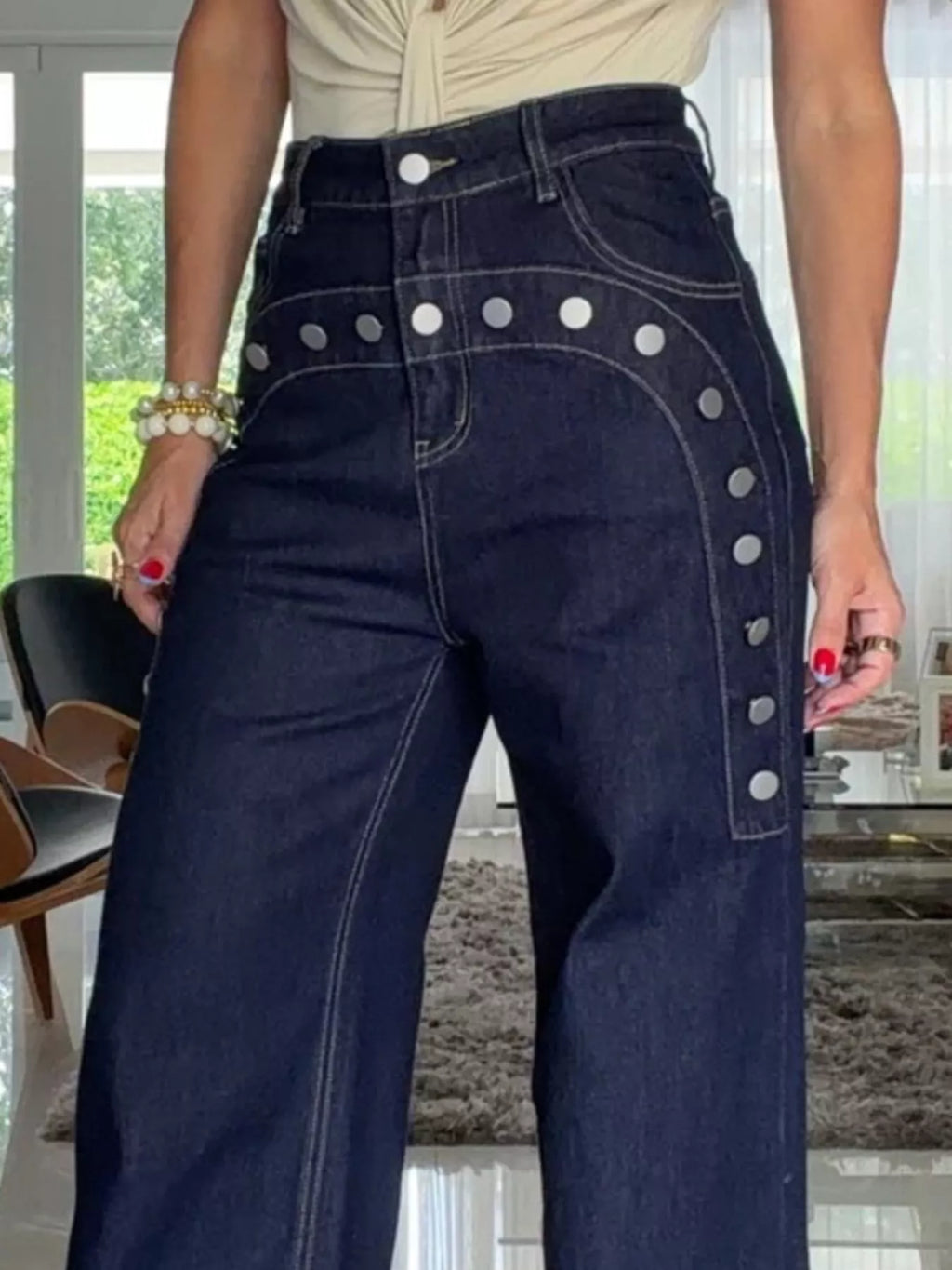 Women's Dark Blue Decorative Button High-Waisted Wide-Leg Jeans - Dark Blue