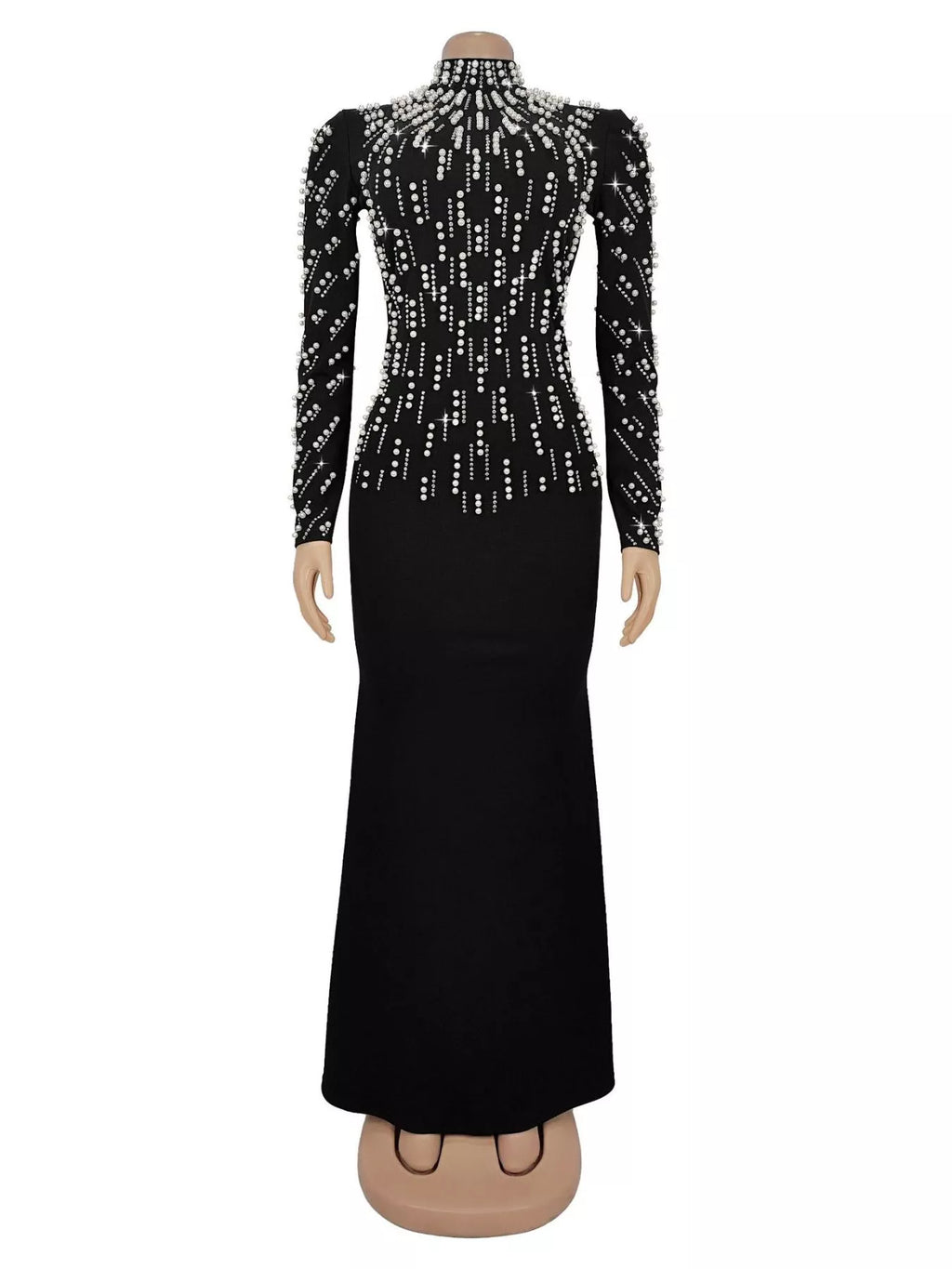 Women's Black Pearl Detail Mock Neck Maxi Dress - Black