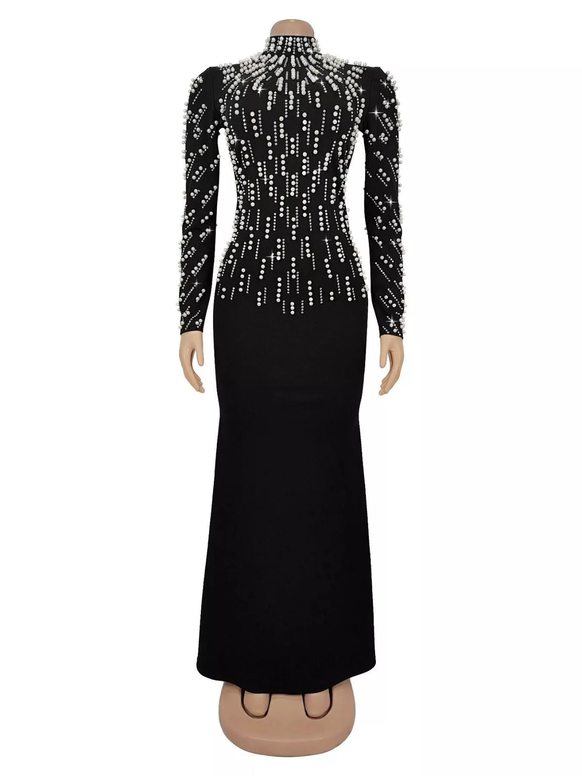 Women's Black Pearl Detail Mock Neck Maxi Dress - Black