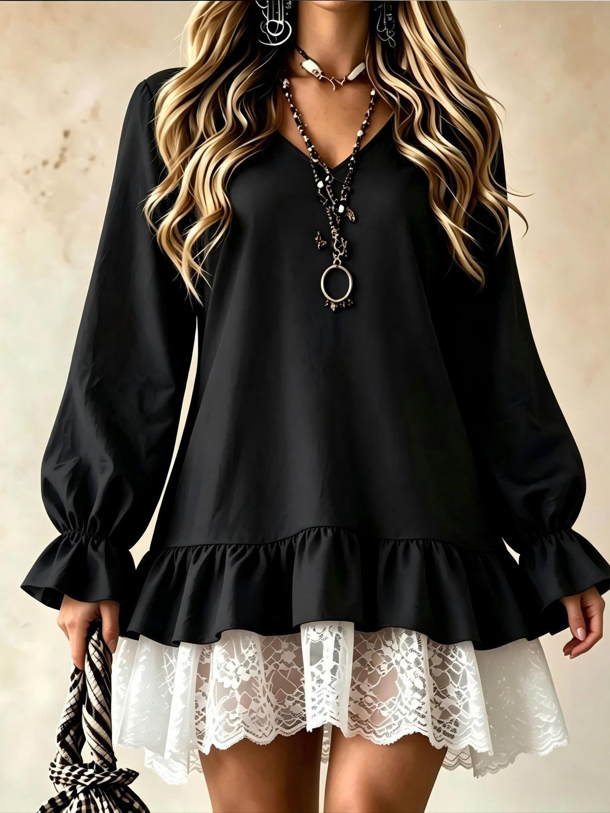 Versatile Lace Spliced Dress, Fashion Long Sleeve Ruffled Mini Dress