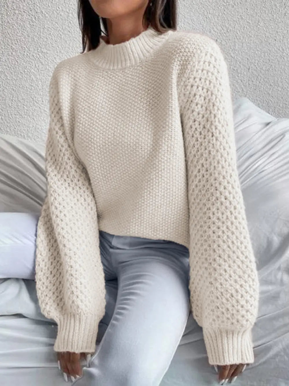 Women's Openwork Mock Neck Long Sleeve Sweater