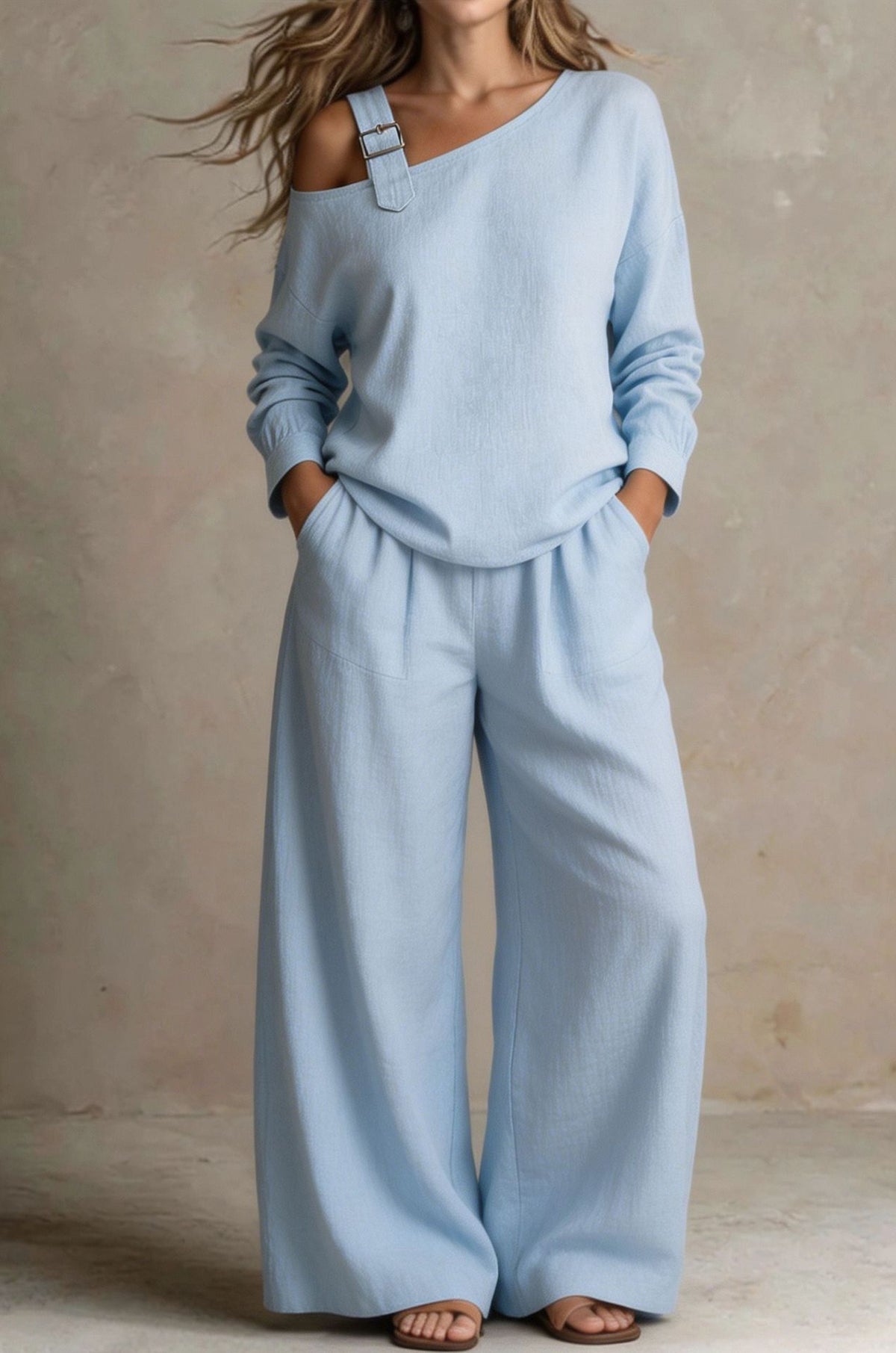 New Fashion Women's One-Shoulder Linen Blend Two-Piece Set