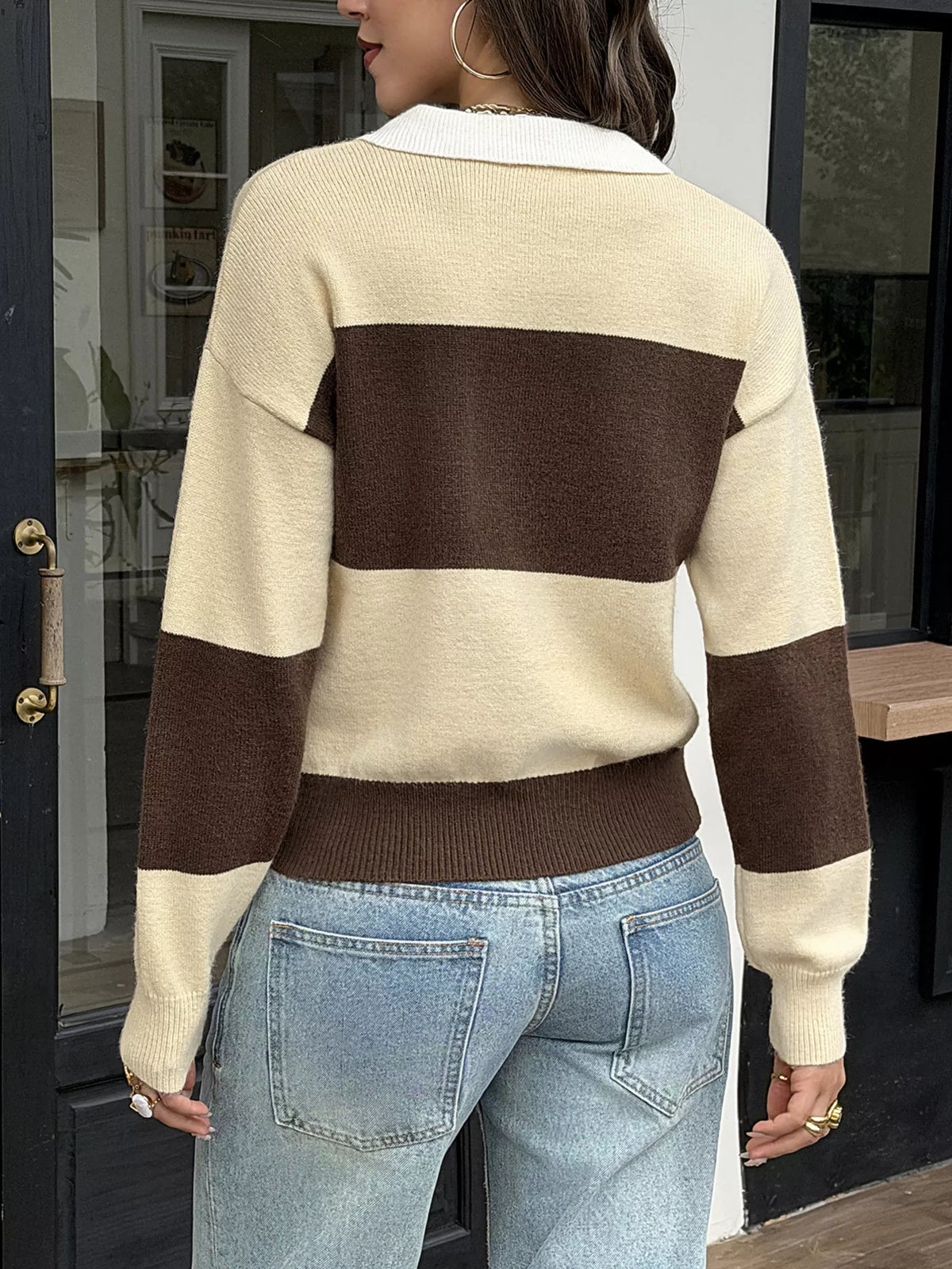 Women's Brown And Yellow Stripes Color Block Polo Collar Knit Sweater - Brown And Yellow Stripes