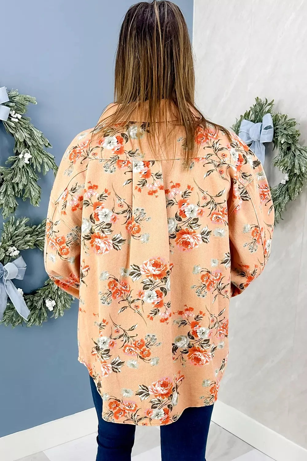 Women's Tan Floral Print Long Sleeve Denim Jacket - Tan