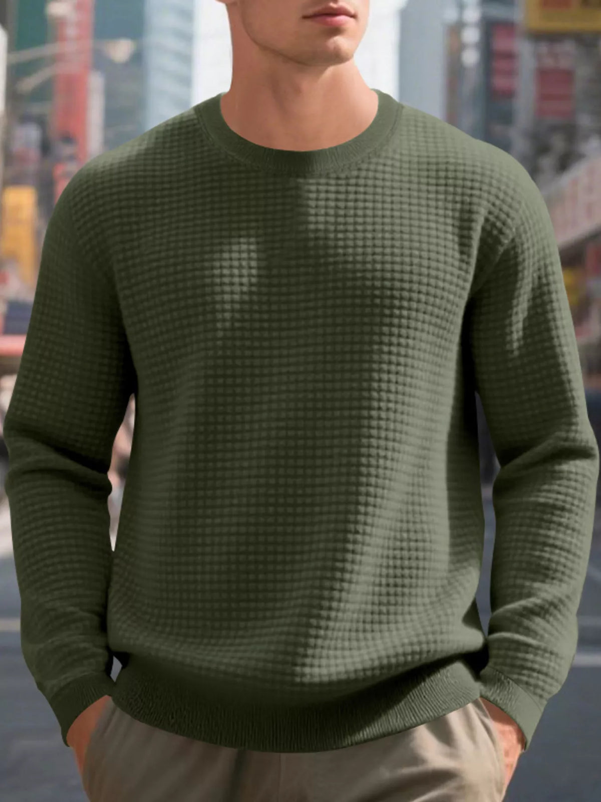 Men's Full Size Classic Waffle-Knit Crew Neck Sweatshirt Plus Size