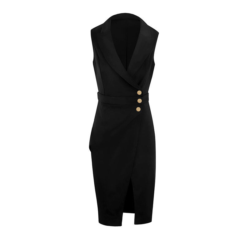 Black Sheath Dress With Suit Style Lapel - Women's Formal Office Wear Bodycon Pencil Dress