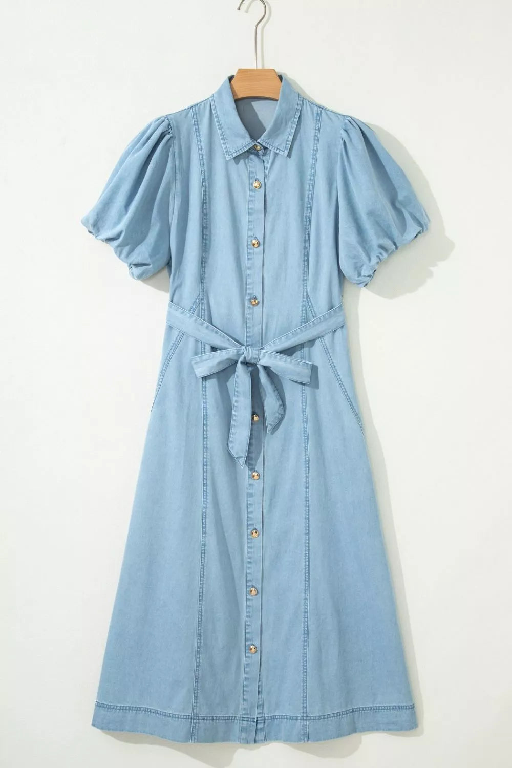 Women's Light Blue Full Buttons Collared Short Bubble Sleeve Long Denim Dress - Light Blue