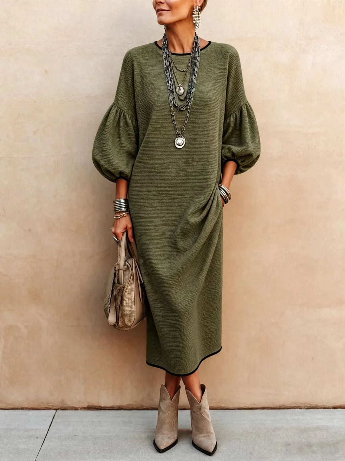 Womens Knitted Mid-Length Dress With Bubble Sleeves