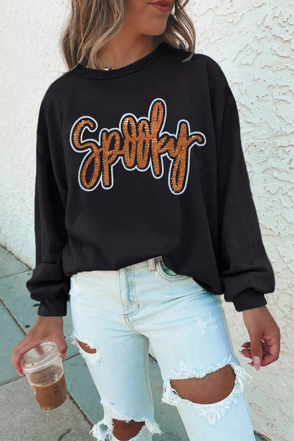 Spooky Rhinestone Drop Shoulder Sweatshirt