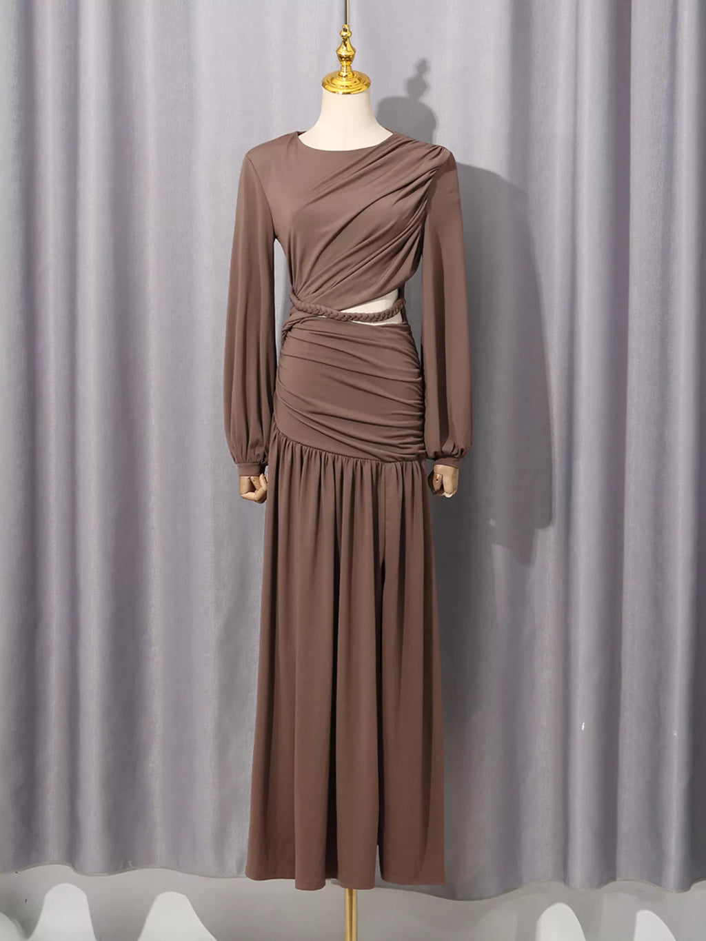 Women's Brown Ruched Long-Sleeve Maxi Dress with Cutout Detail - Brown