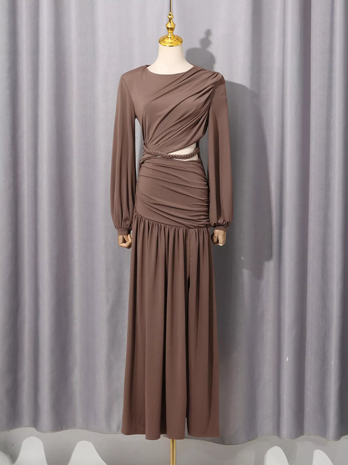 Women's Brown Ruched Long-Sleeve Maxi Dress with Cutout Detail - Brown
