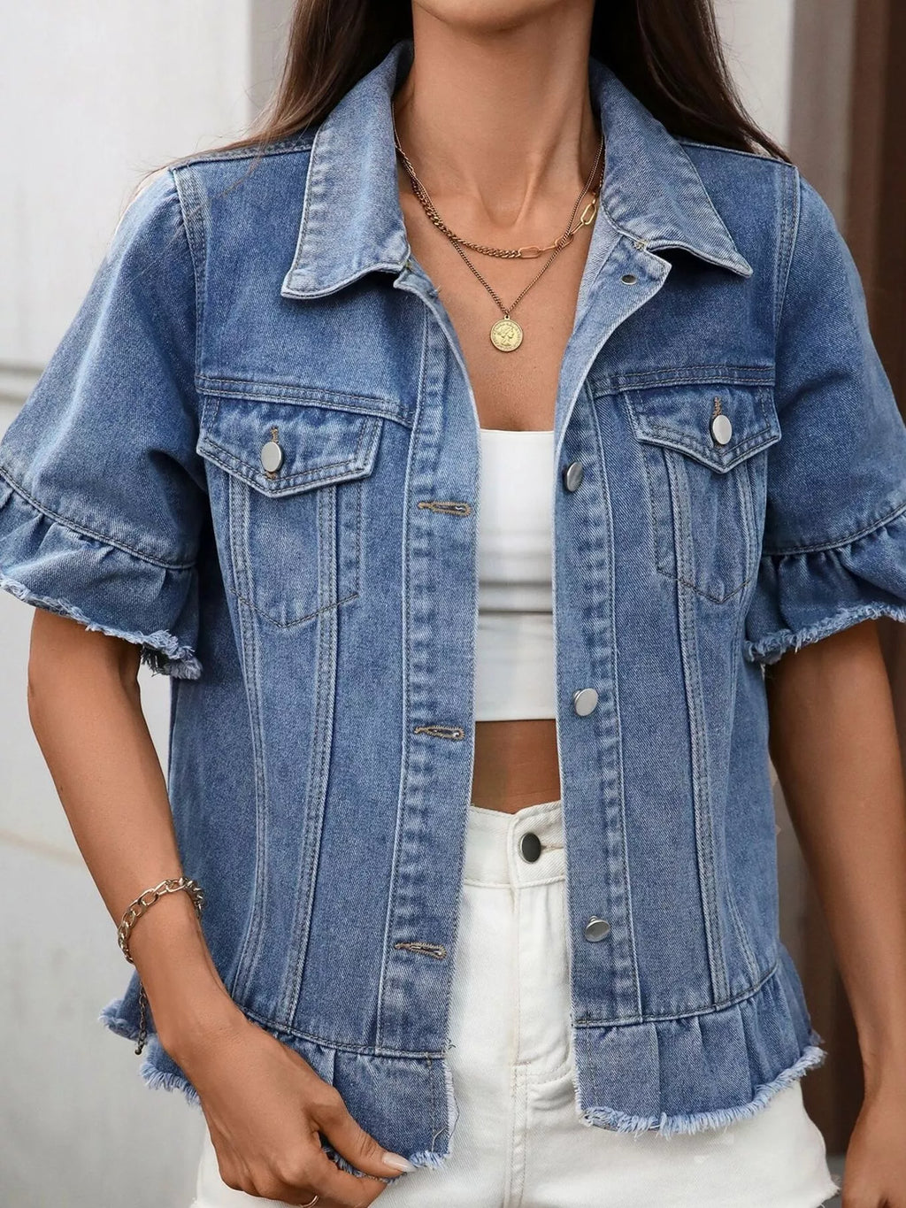 Women's Raw Hem Button Up Denim Jacket