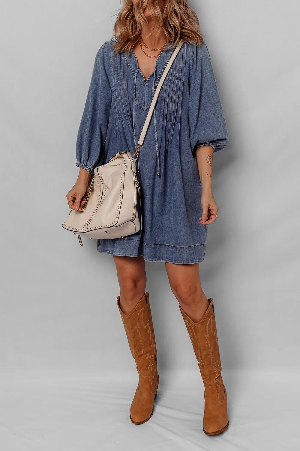 Women's Dark Tie Neck Long Sleeve Mini Denim Dress - Dark