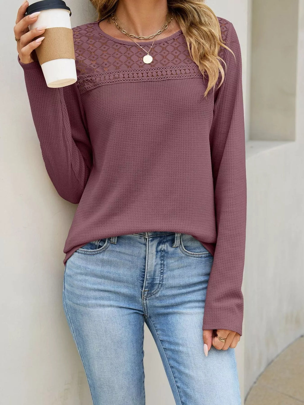 Women's Lace Panel Waffle Knit Long Sleeve T-Shirt