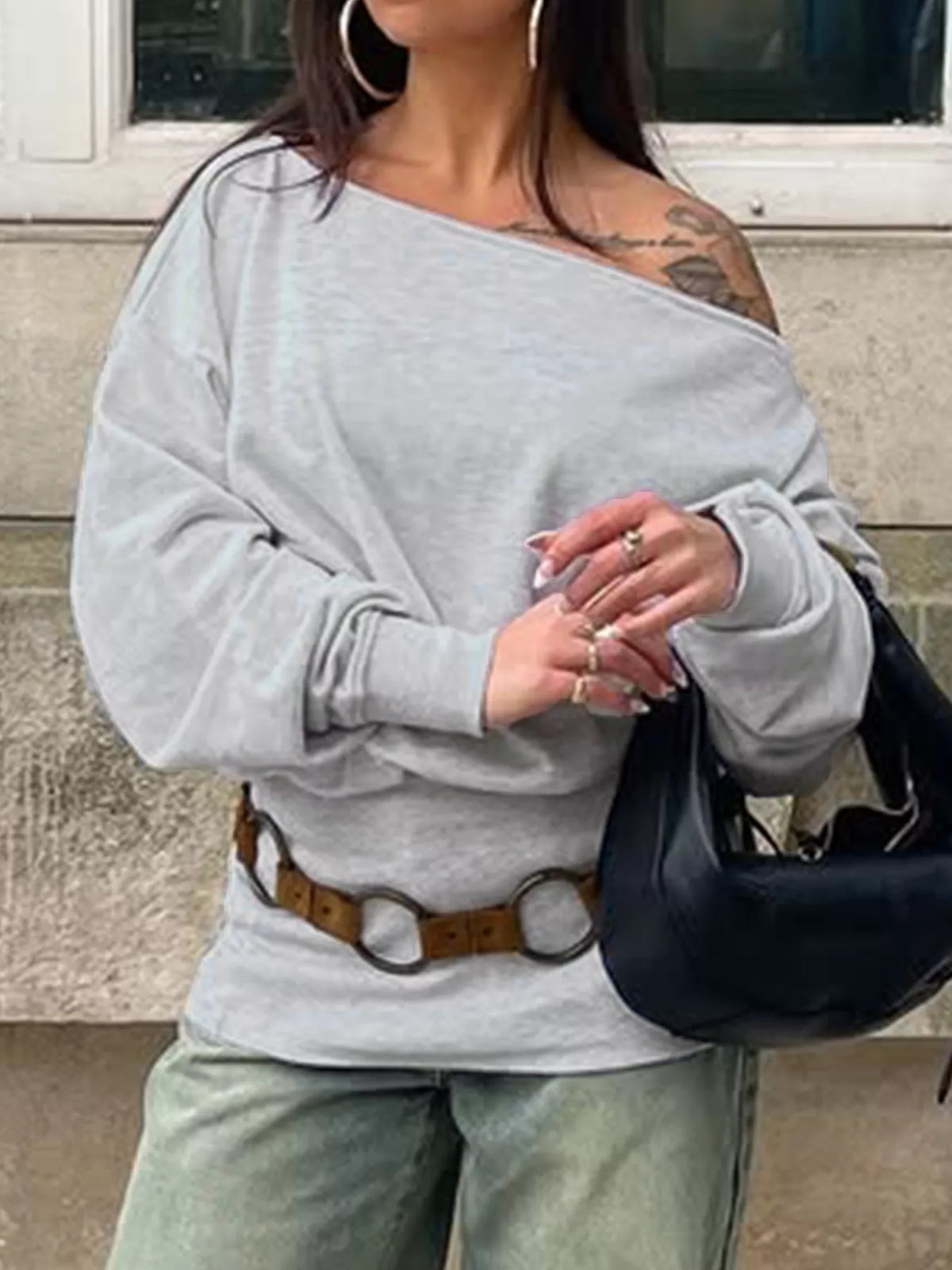 Women's Light Gray One Shoulder Long Sleeve Casual T-Shirt - Light Gray