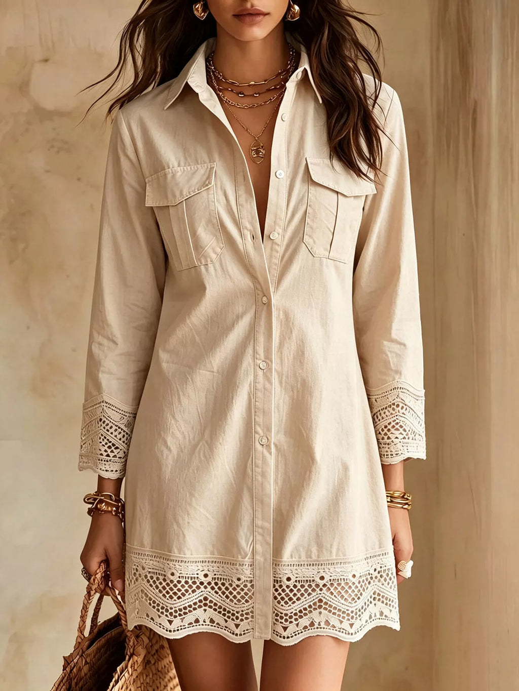 Women's Button-Down Shirt Dress with Lace Trim