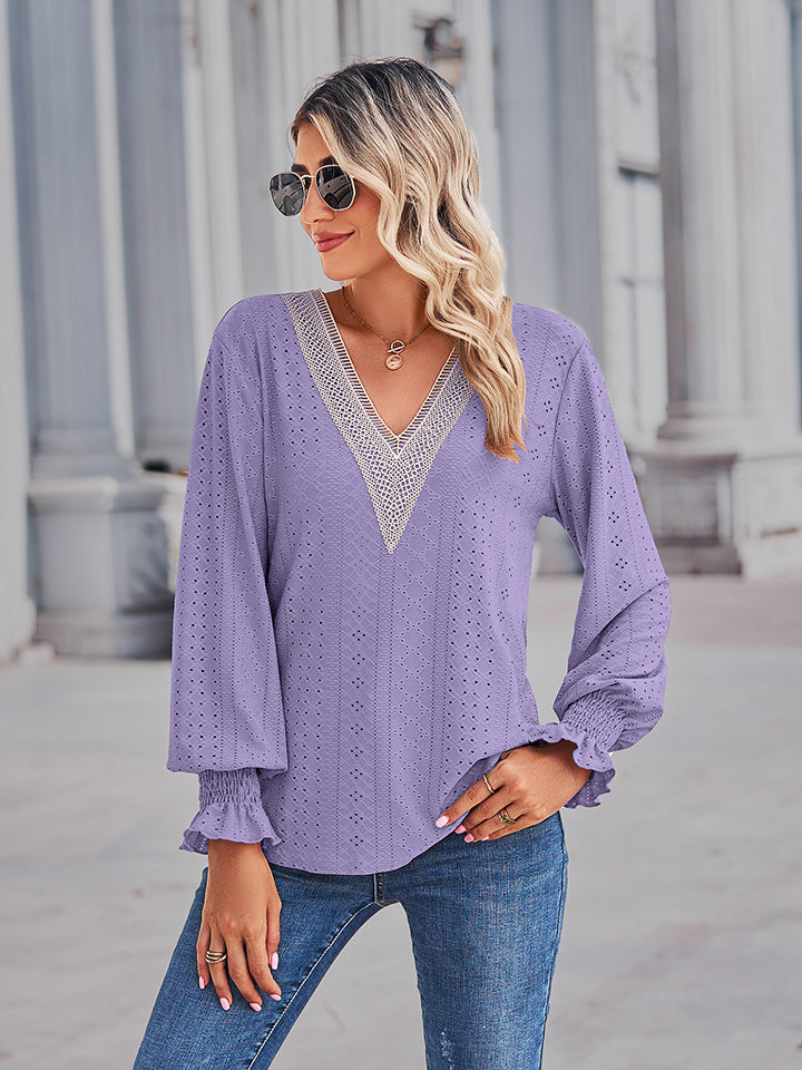 Women's V-Neck Eyelet Flounce Sleeve Blouse